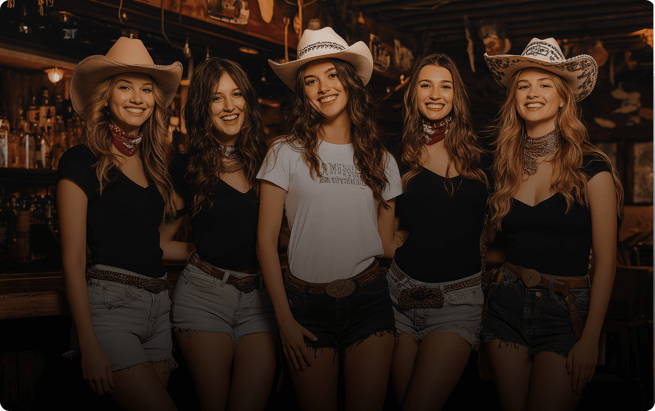 Five women in cowboy hats, smiling together.