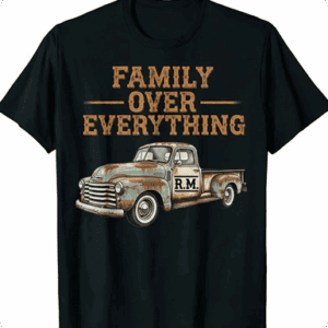 T-shirt with vintage truck and text design.