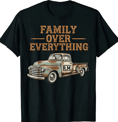 T-shirt with vintage truck and text design.