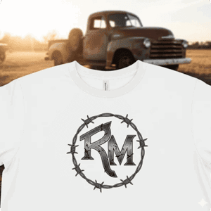 White shirt with barbed wire RM logo.