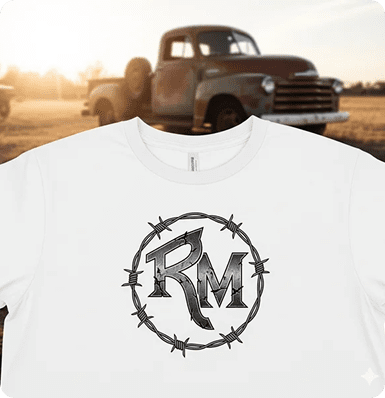 White shirt with barbed wire RM logo.