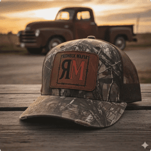 Camouflage cap on wooden surface, vintage truck.