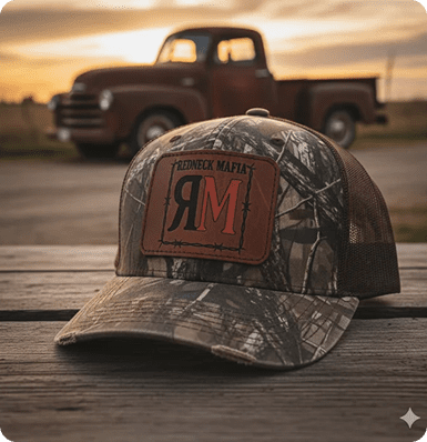 Camouflage cap on wooden surface, vintage truck.