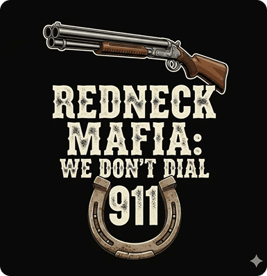 Shotgun, horseshoe, text: "Redneck Mafia, We Don't Dial 911.
