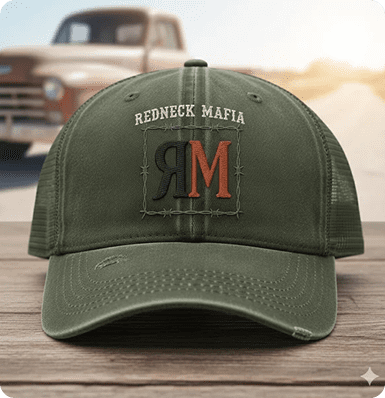 Green cap with "Redneck Mafia" logo.