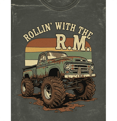 Monster truck with retro design and text.