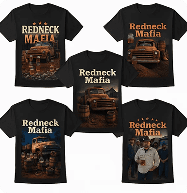 Redneck Mafia themed shirts with vintage trucks.