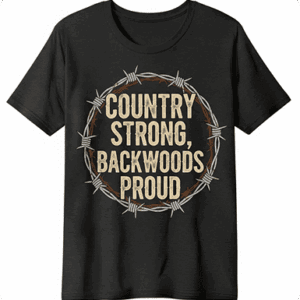 Black t-shirt with country-themed text design.