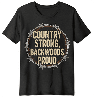 Black t-shirt with country-themed text design.