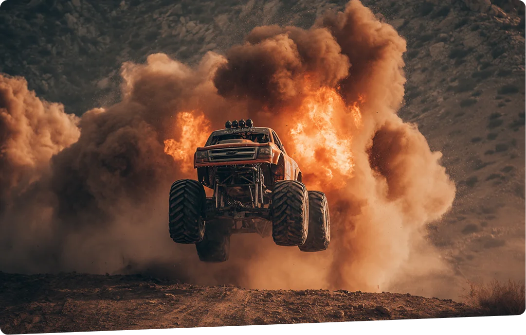 Monster truck jumping with fiery explosion background.